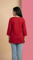 Crimson Red Soft Cotton Short Kurti with Thread Embroidery