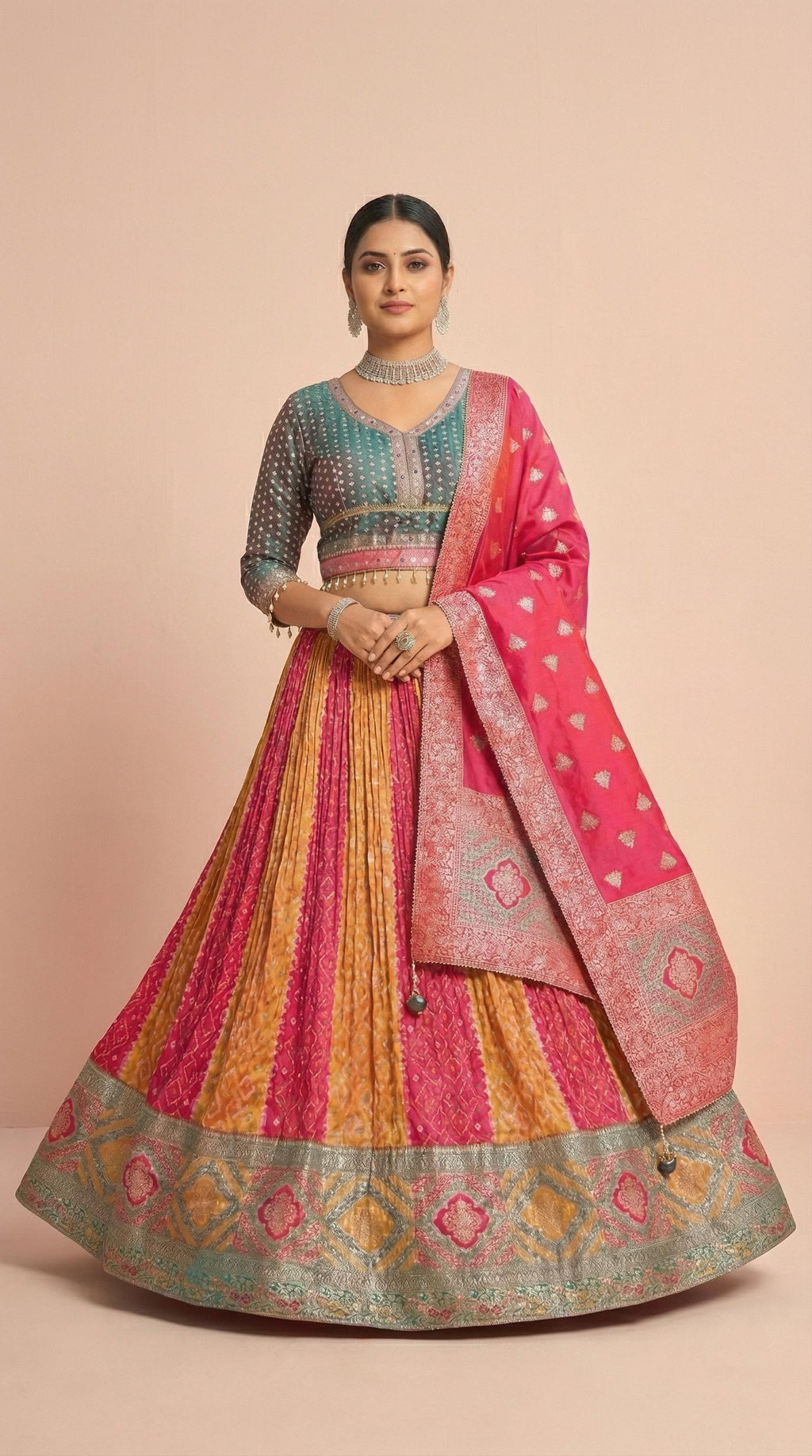 Pink & Teal Bandhani Print Lehenga Choli Set