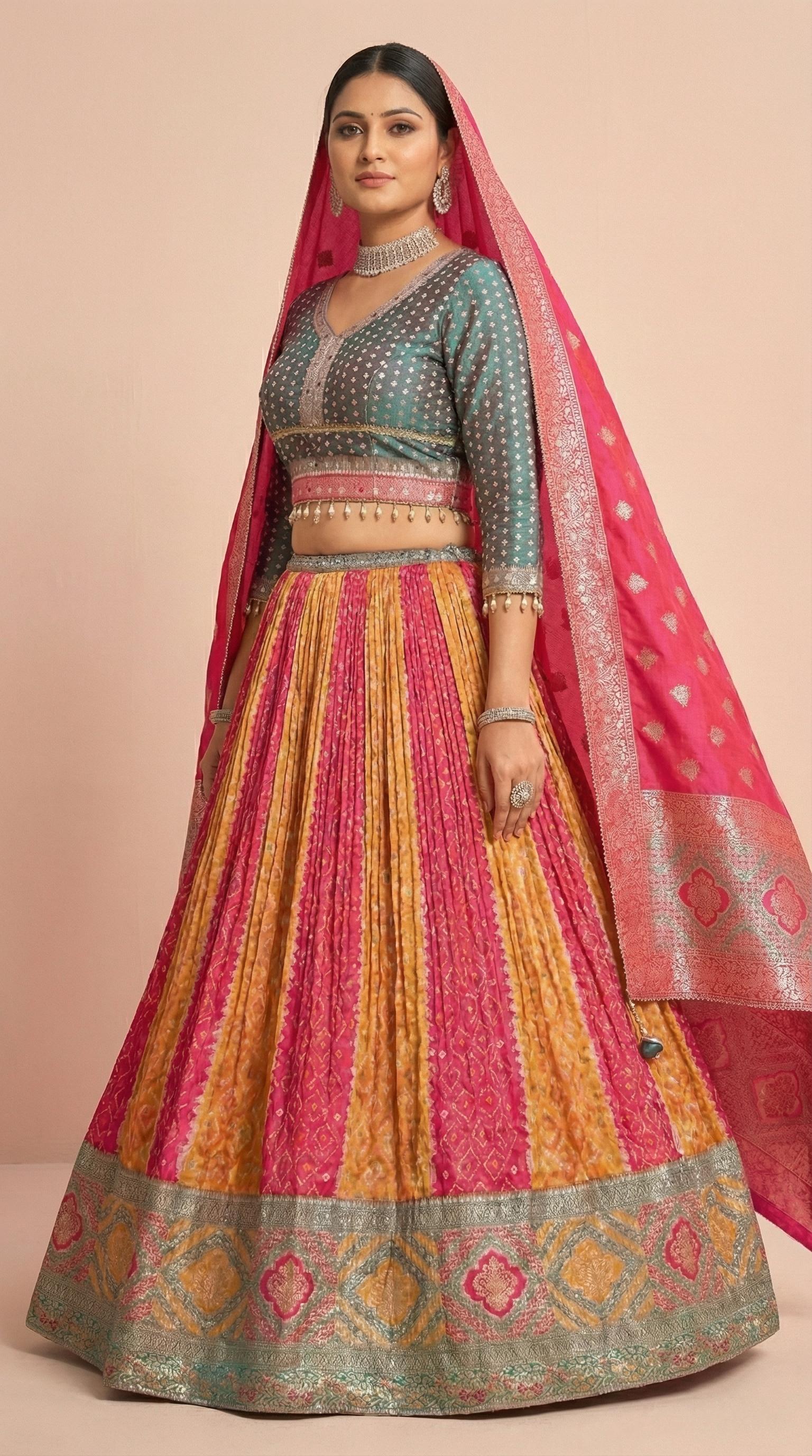 Pink & Teal Bandhani Print Lehenga Choli Set