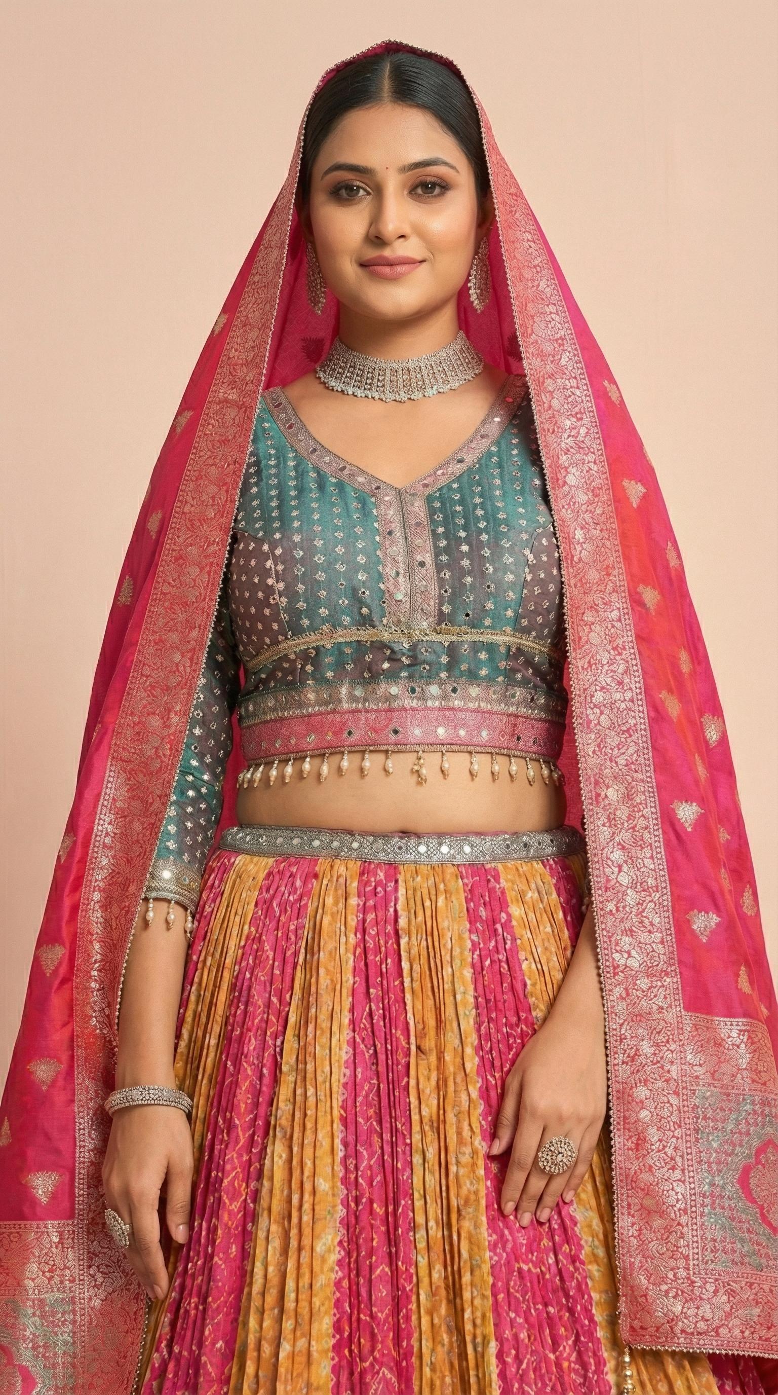 Pink & Teal Bandhani Print Lehenga Choli Set