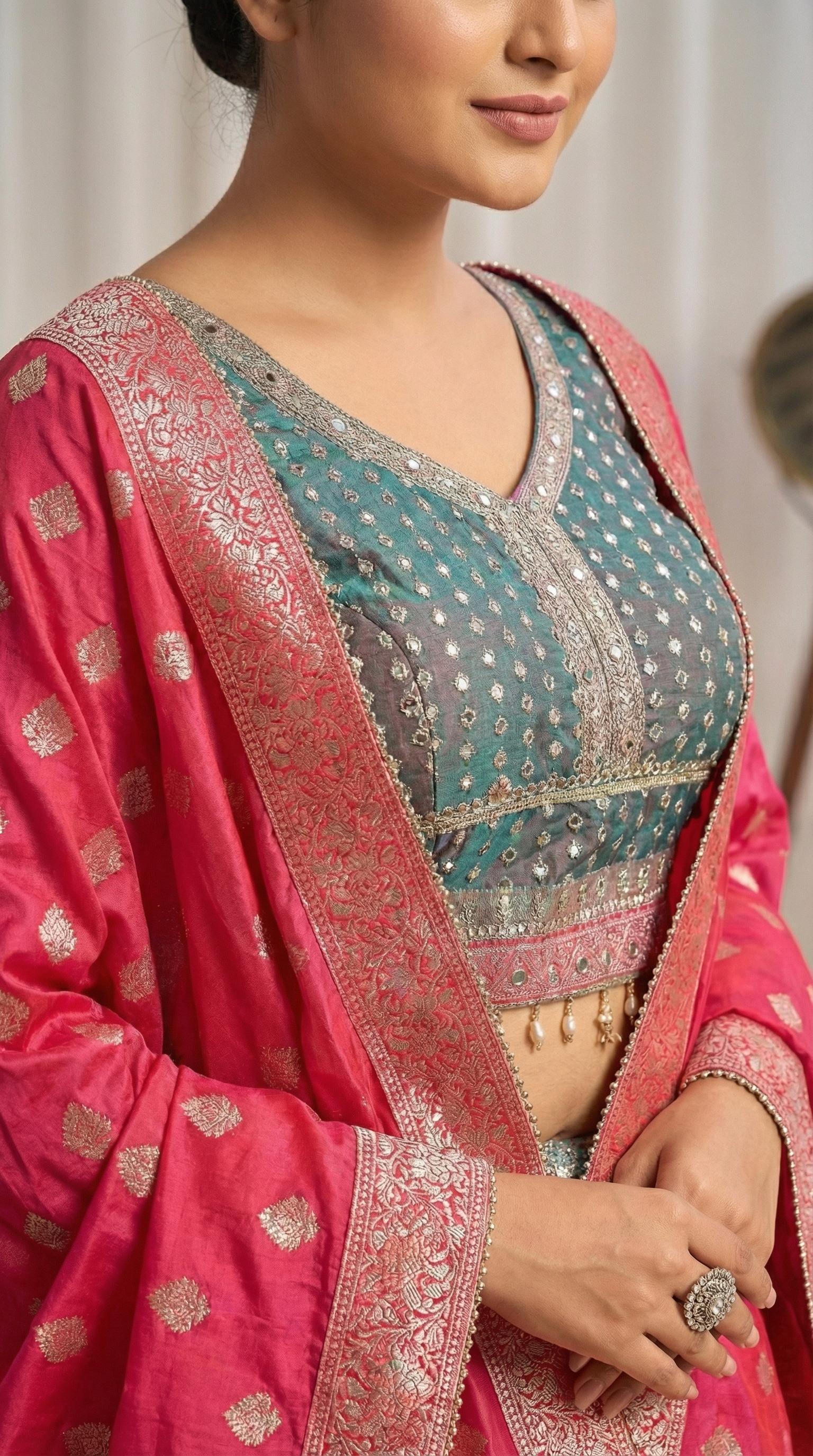 Pink & Teal Bandhani Print Lehenga Choli Set