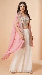 Blush Pink Floral Embroidered Palazzo Set with Cape Shrug