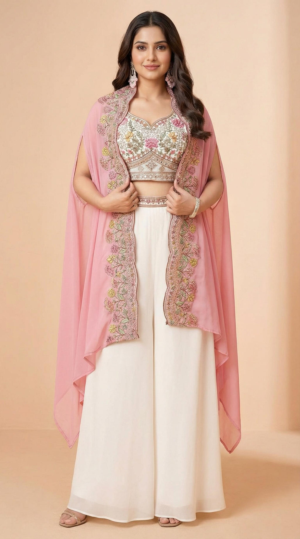 Blush Pink Floral Embroidered Palazzo Set with Cape Shrug