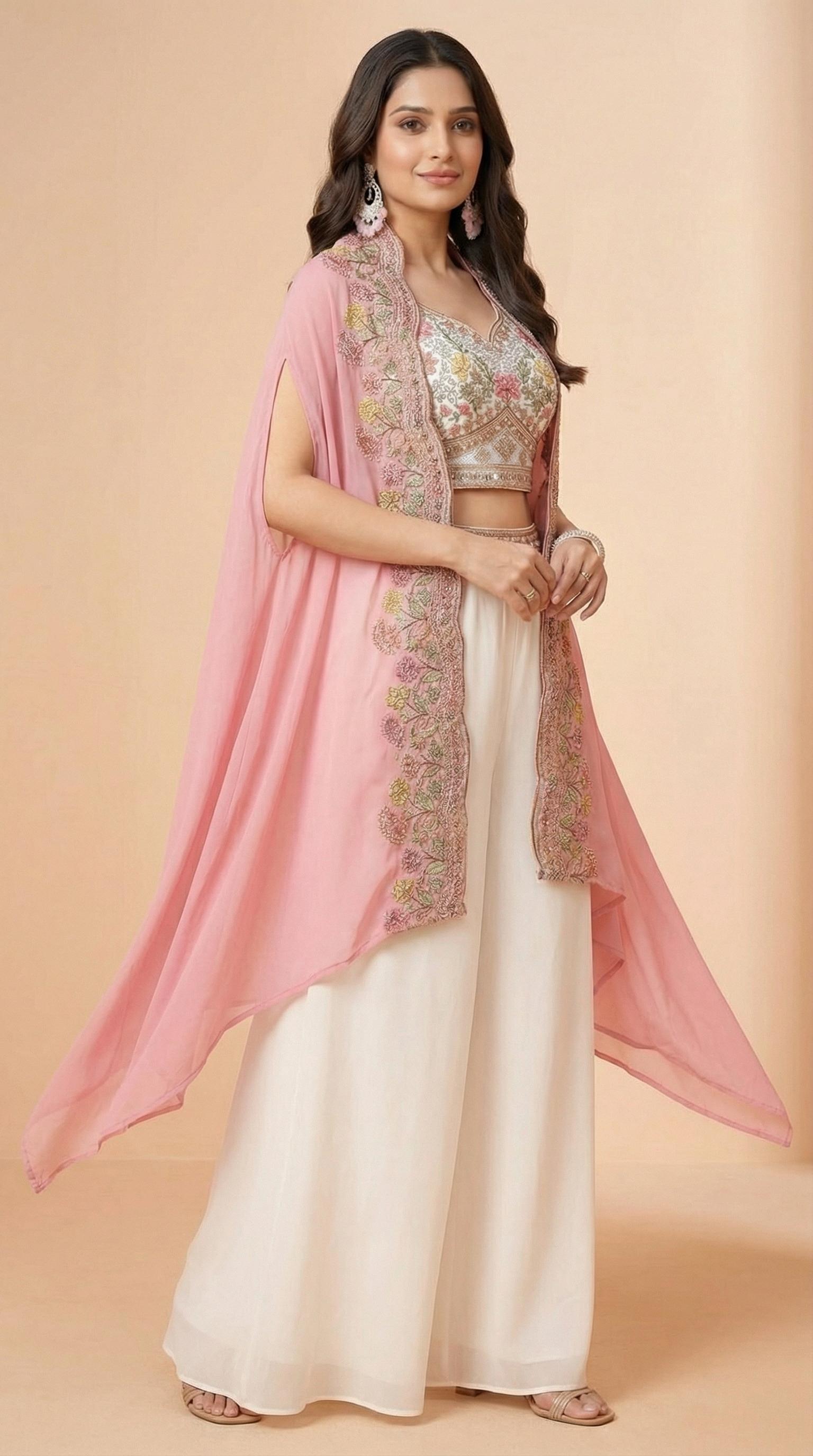 Blush Pink Floral Embroidered Palazzo Set with Cape Shrug