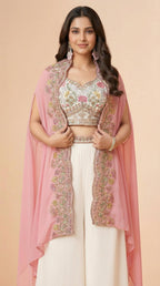 Blush Pink Floral Embroidered Palazzo Set with Cape Shrug