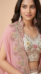 Blush Pink Floral Embroidered Palazzo Set with Cape Shrug