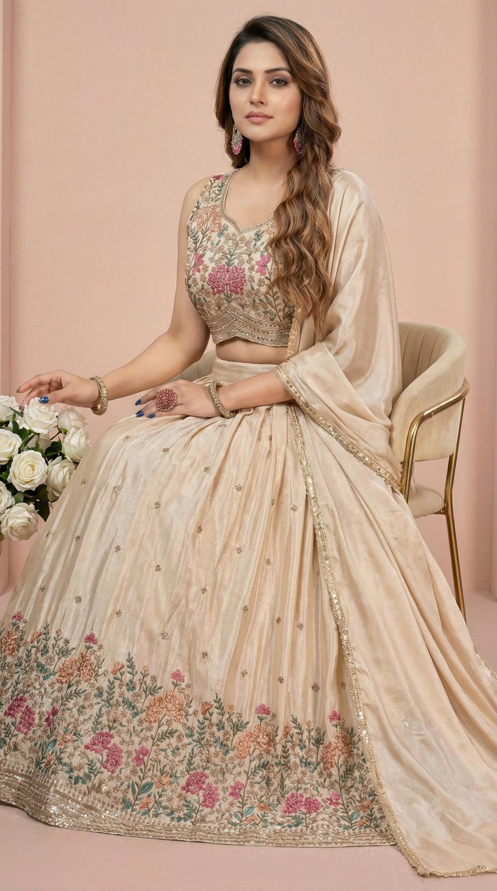 Champagne Gold Floral Embroidered Georgette Lehenga Choli