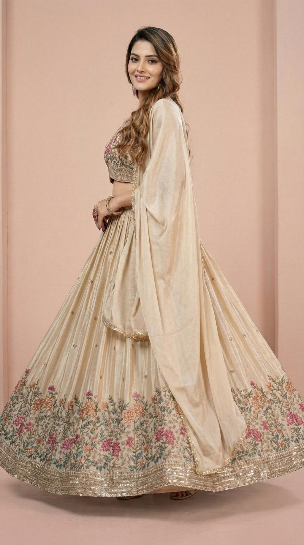 Champagne Gold Floral Embroidered Georgette Lehenga Choli