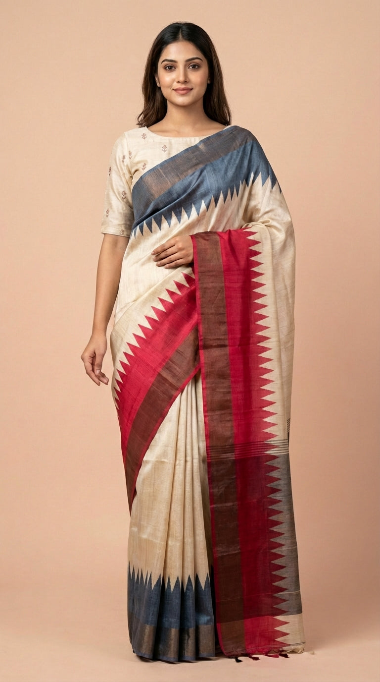 Bhagalpuri Tussar Silk Saree in Crimson & Slate Blue