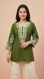 Olive Green Soft Cotton Short Kurti with Thread Embroidery
