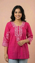Hot Pink Soft Cotton Short Kurti with Thread Embroidery