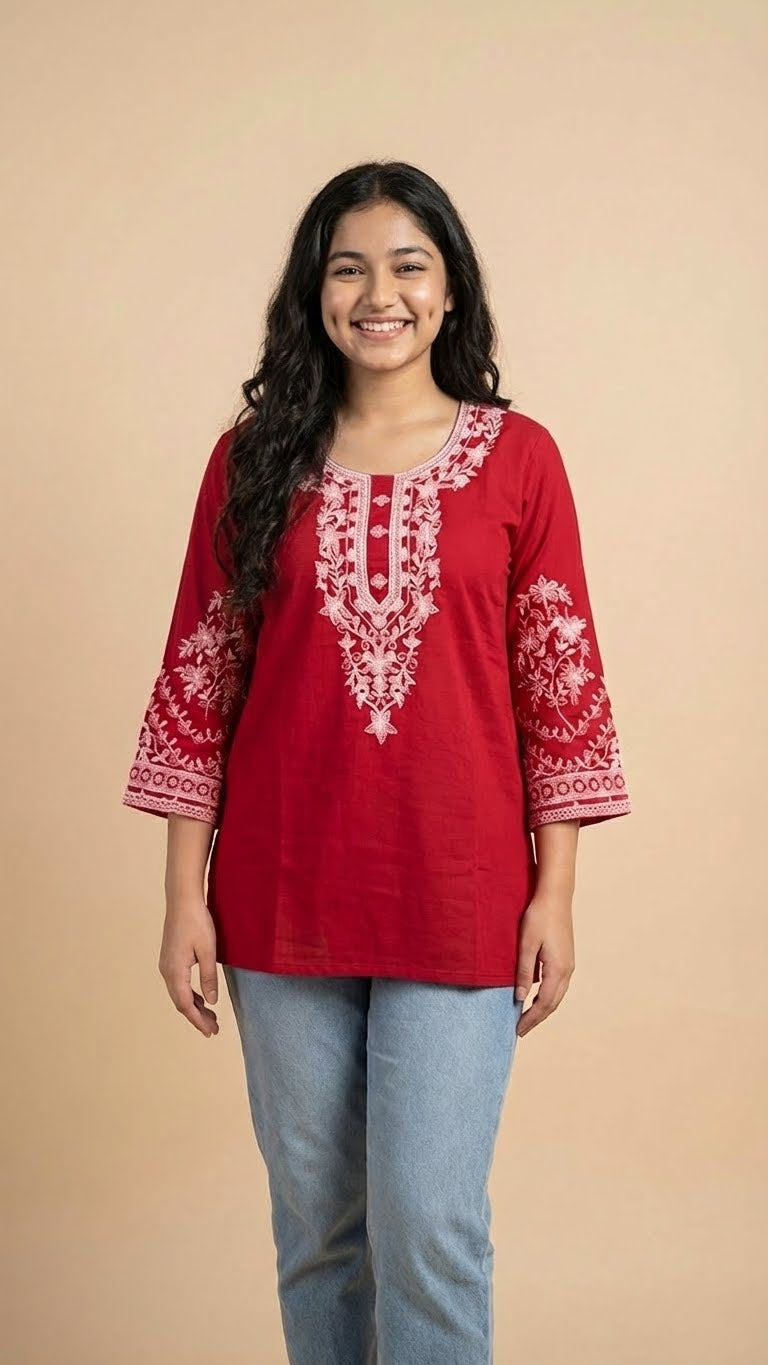 Crimson Red Soft Cotton Short Kurti with Thread Embroidery