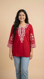 Crimson Red Soft Cotton Short Kurti with Thread Embroidery