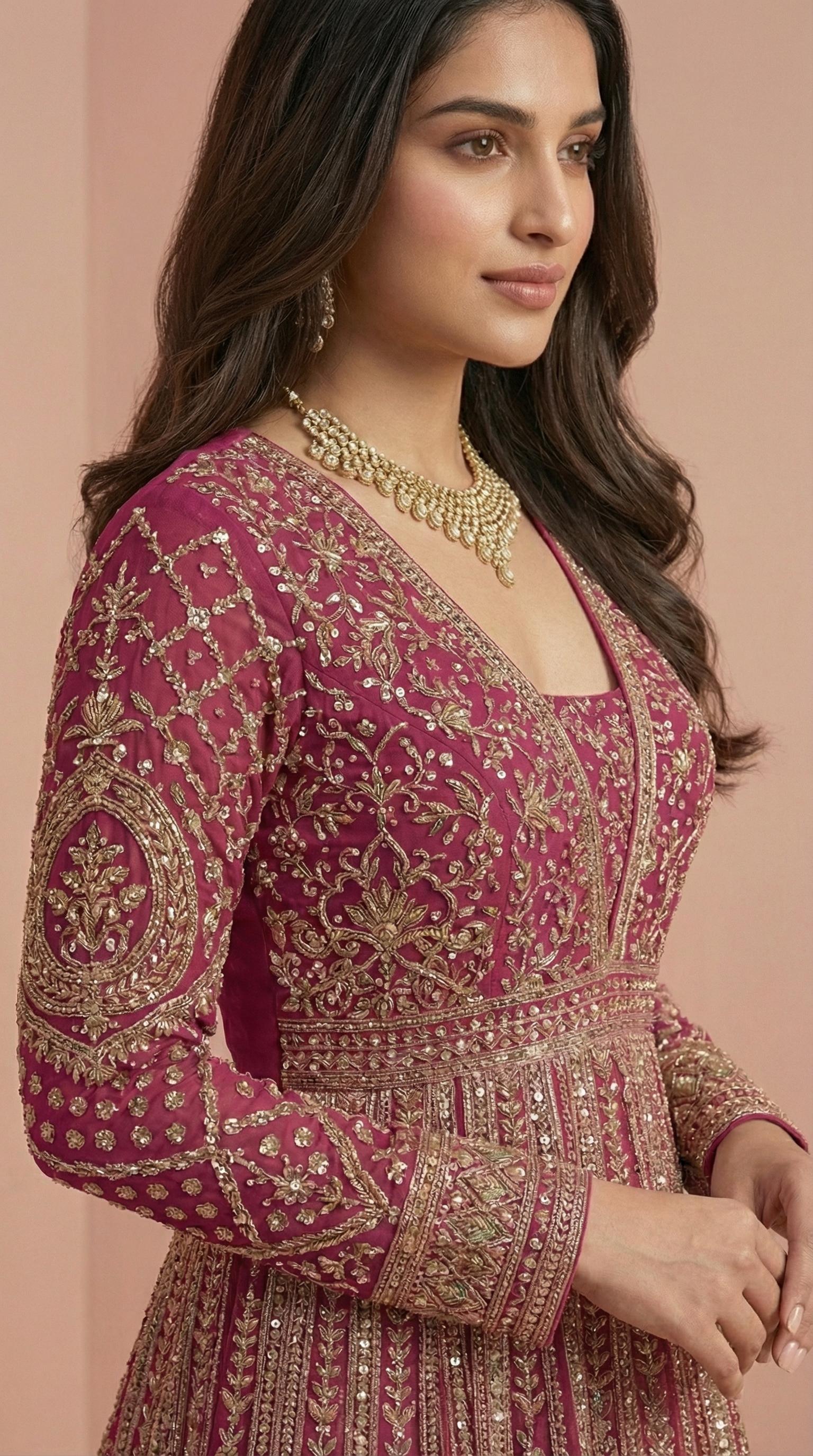 Magenta Real Georgette Heavily Embroidered Gown Set