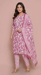 Ensemble Kurta imprimé en coton avec pantalon rayé et dupatta