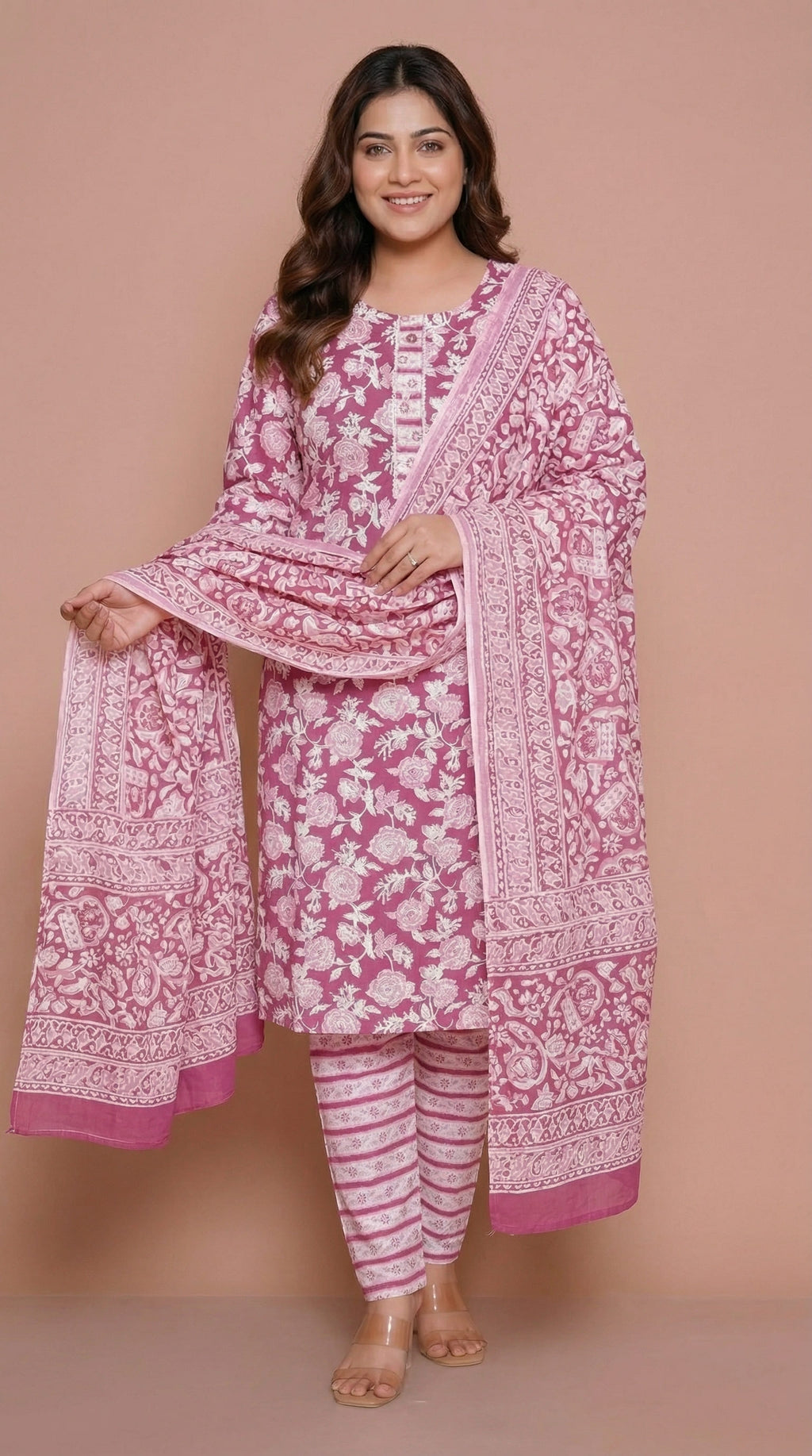 Ensemble Kurta imprimé en coton avec pantalon rayé et dupatta
