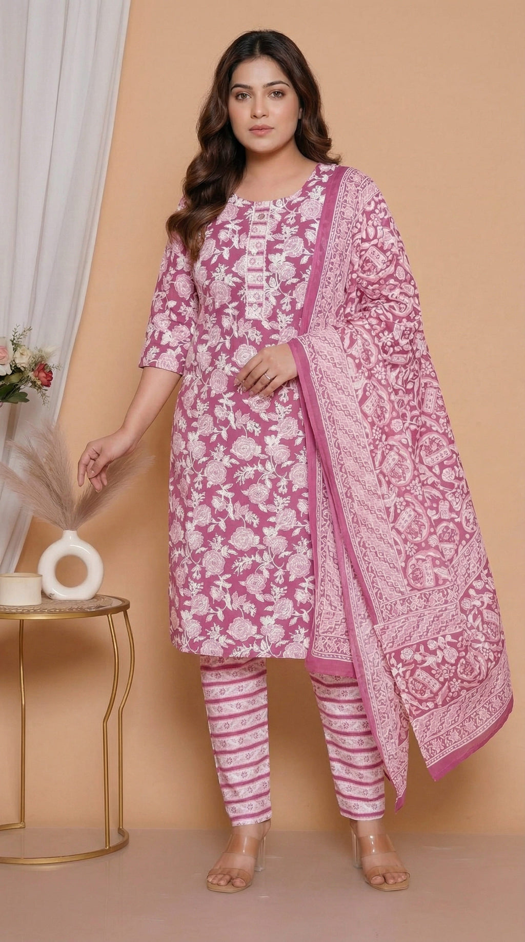 Ensemble Kurta imprimé en coton avec pantalon rayé et dupatta