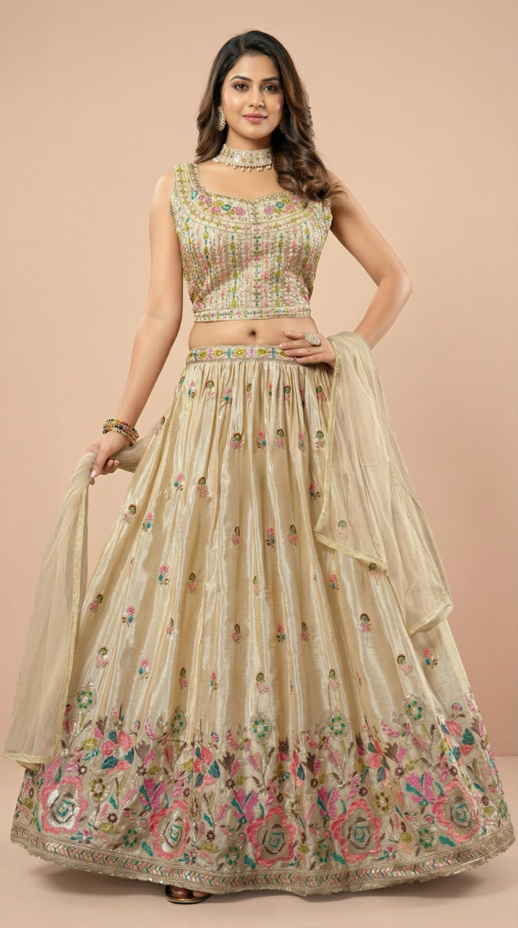 Cream Multi Color Embroidered Lehenga Choli Set