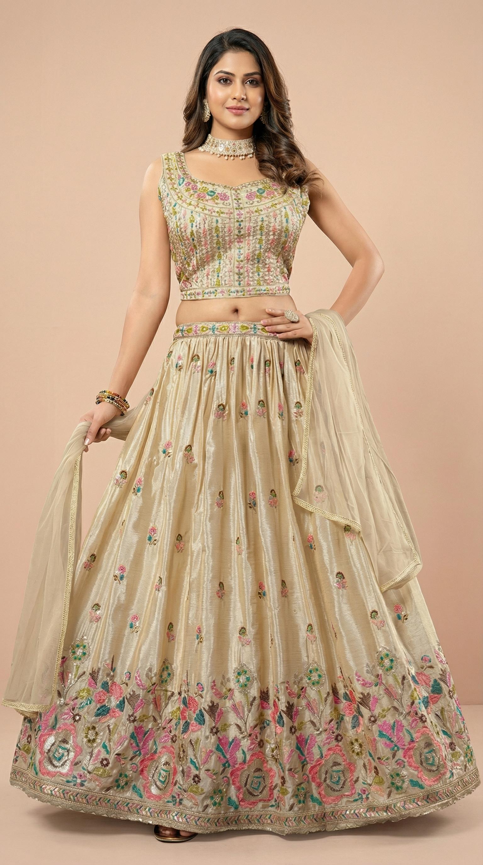Cream Multi Color Embroidered Lehenga Choli Set