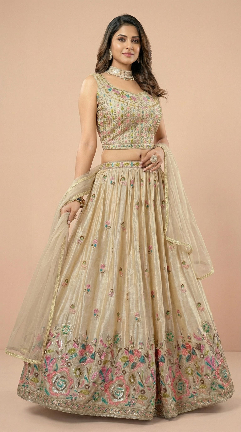 Cream Multi Color Embroidered Lehenga Choli Set