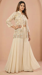 Cream Elephant Heritage Embroidered Palazzo Set with Jacket