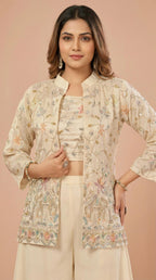 Cream Elephant Heritage Embroidered Palazzo Set with Jacket