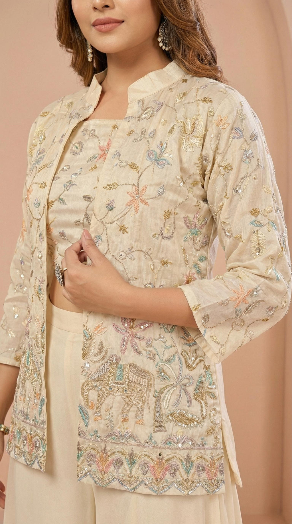 Cream Elephant Heritage Embroidered Palazzo Set with Jacket