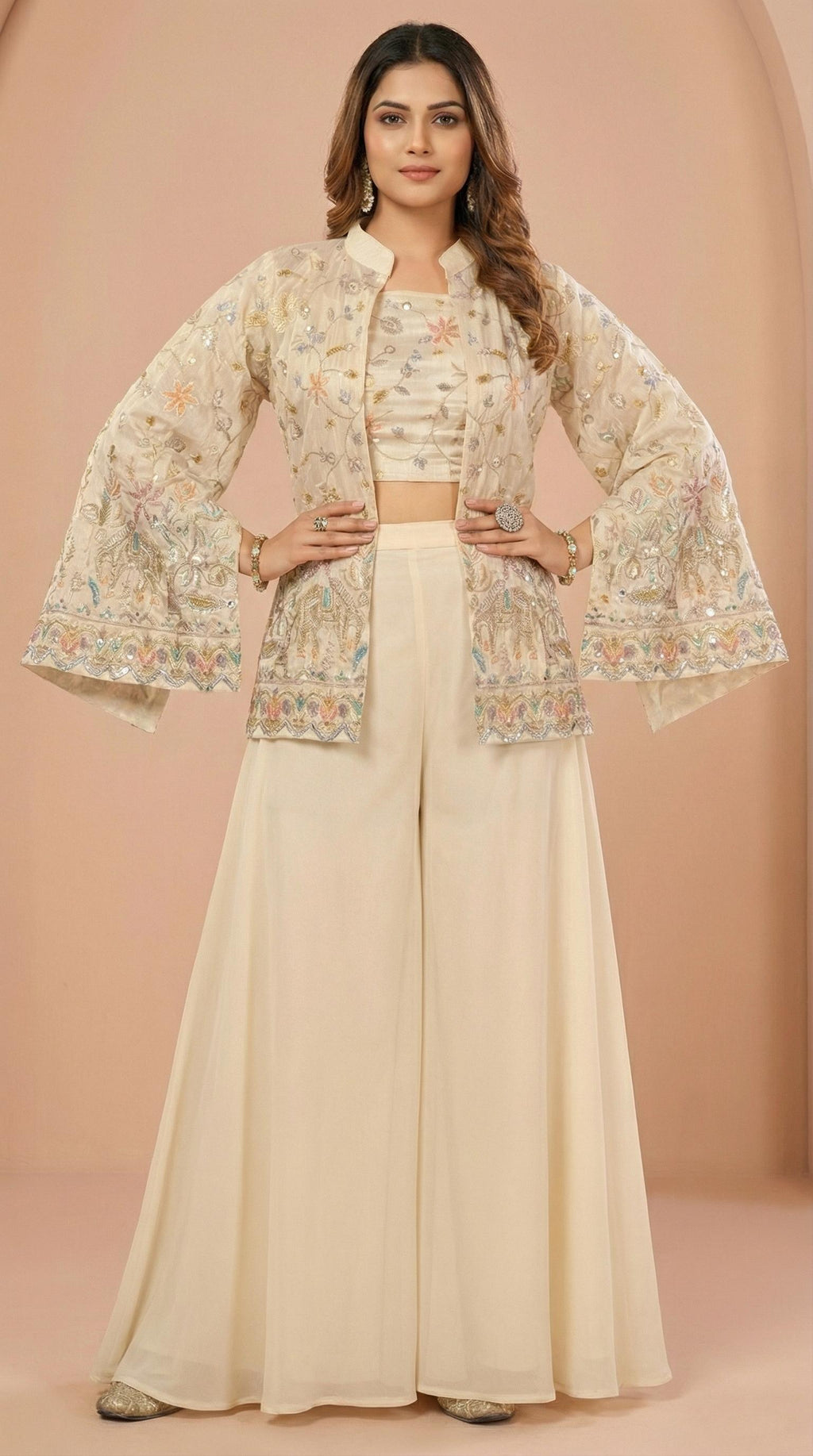 Cream Elephant Heritage Embroidered Palazzo Set with Jacket
