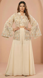 Cream Elephant Heritage Embroidered Palazzo Set with Jacket