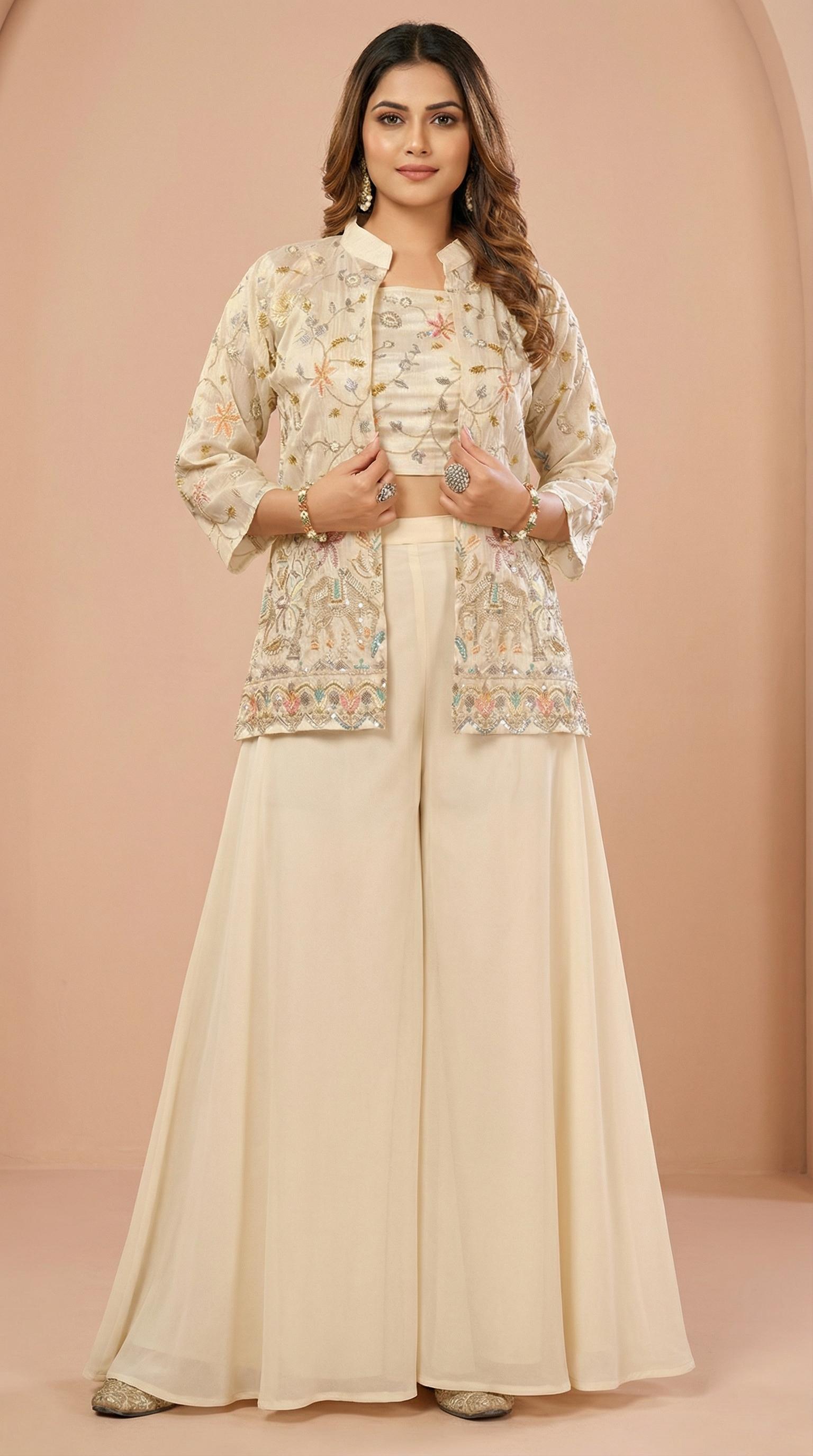 Cream Elephant Heritage Embroidered Palazzo Set with Jacket