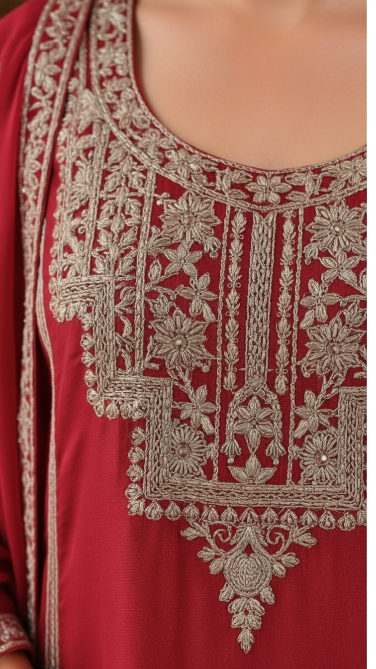 Red Vichitra Silk 3-Piece Plazo Set – Women’s Wedding & Party Wear