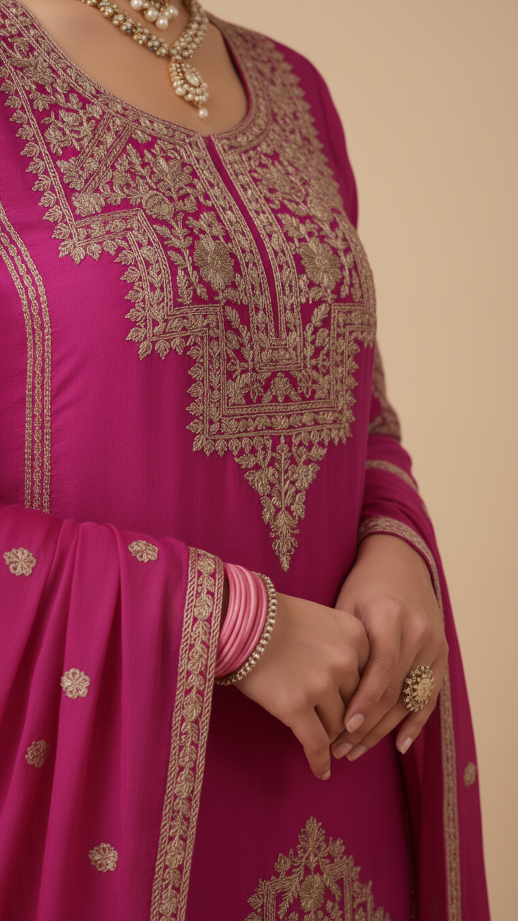 Hot Pink Vichitra Silk 3-Piece Plazo Set – Women’s Wedding & Party Wear