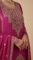 Hot Pink Vichitra Silk 3-Piece Plazo Set – Women’s Wedding & Party Wear