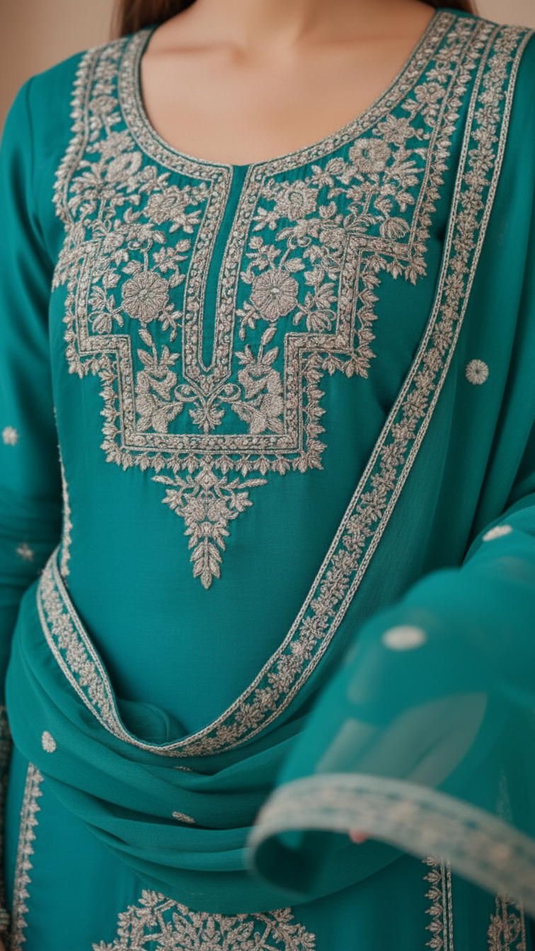 Rama Green Vichitra Silk 3-Piece Plazo Set – Women’s Party & Wedding Wear