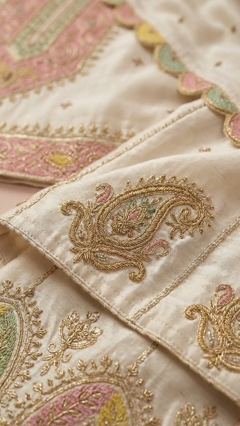 Off-White Heavy Soft Silk 3-Piece Plazo Set with Elegant Thread Work