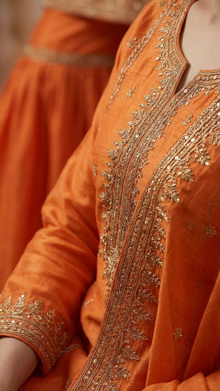 Orange Heavy Soft Silk 3-Piece Sharara Set with Elegant Thread Work