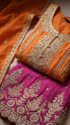 Orange & Magenta Heavy Soft Silk 3-Piece Plazo Set with Elegant Thread Work