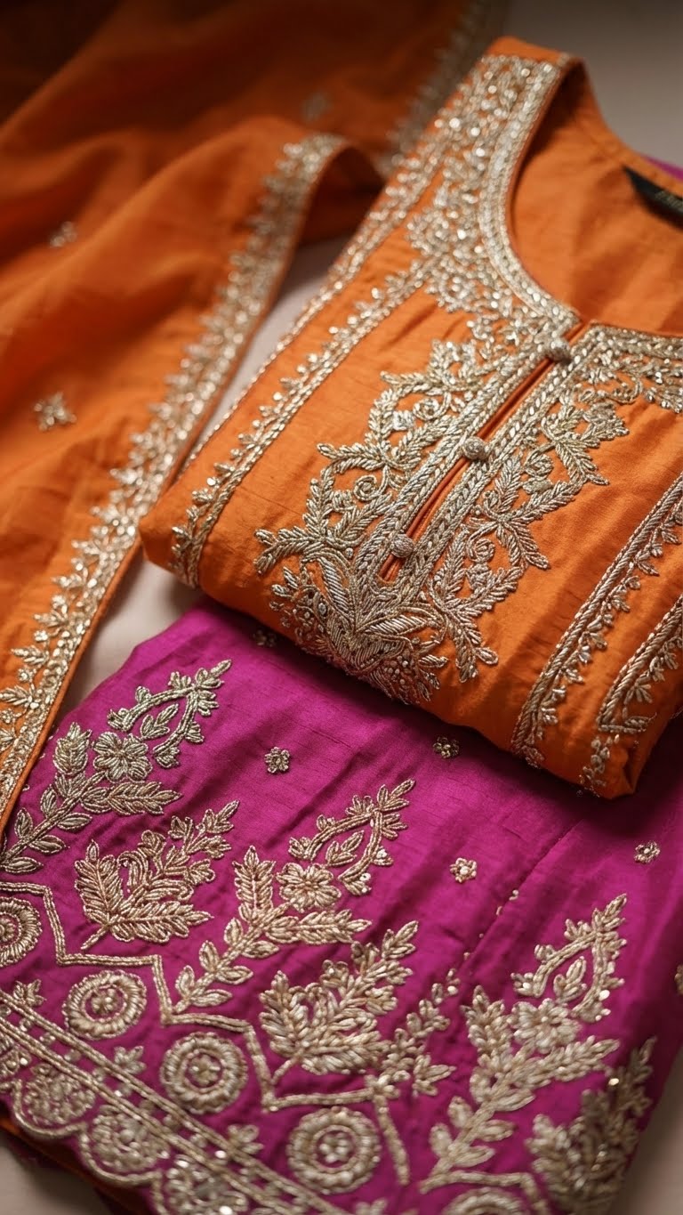 Orange & Magenta Heavy Soft Silk 3-Piece Plazo Set with Elegant Thread Work