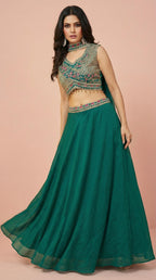 Emerald Green Embroidered Georgette Lehenga Choli Set