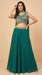 Emerald Green Embroidered Georgette Lehenga Choli Set