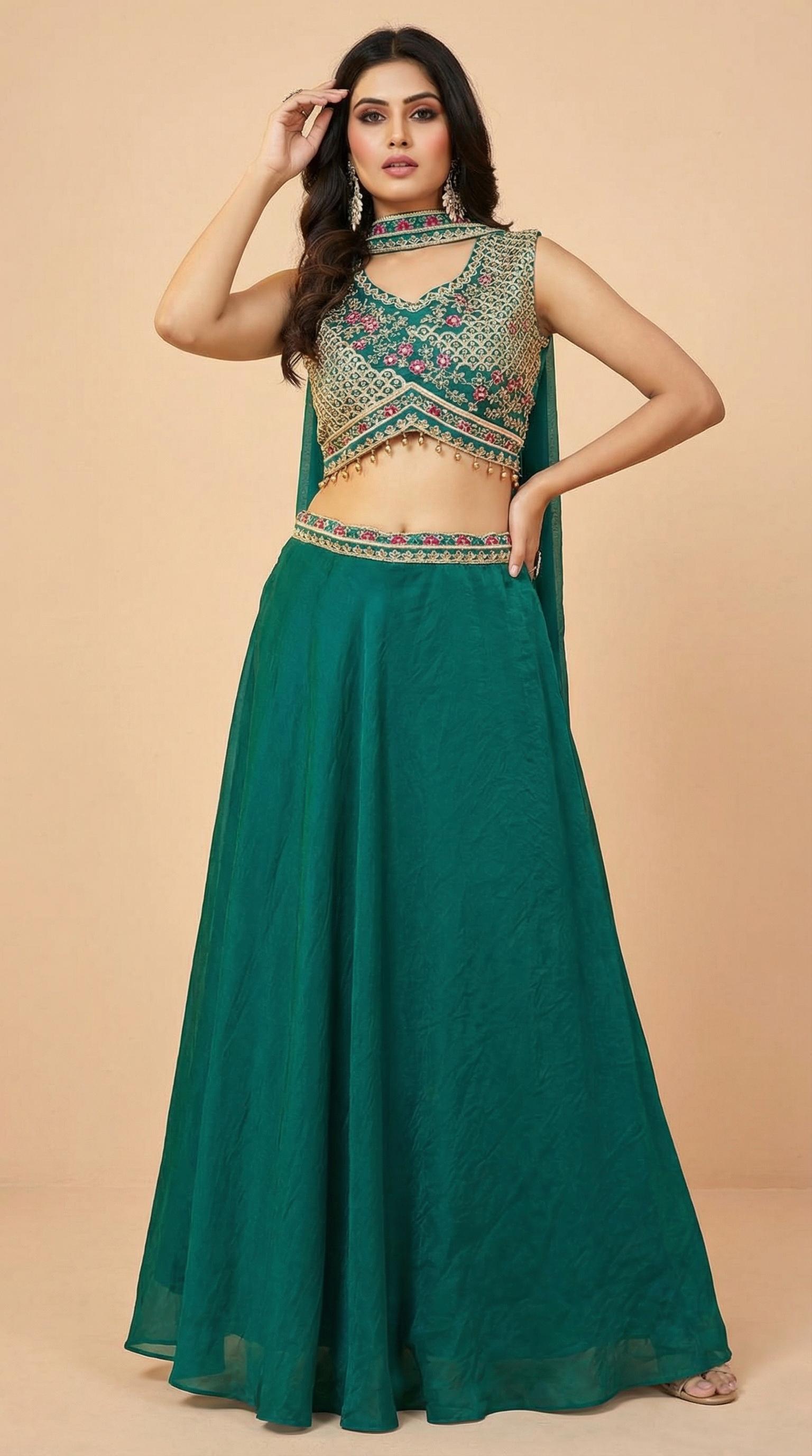 Emerald Green Embroidered Georgette Lehenga Choli Set