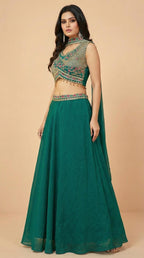 Emerald Green Embroidered Georgette Lehenga Choli Set