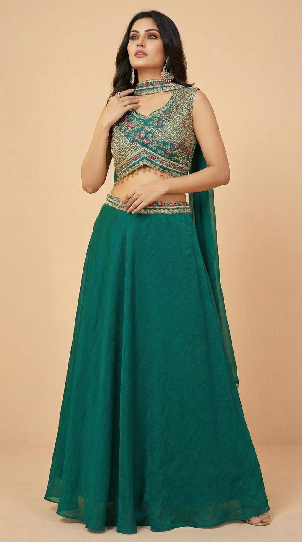 Emerald Green Embroidered Georgette Lehenga Choli Set