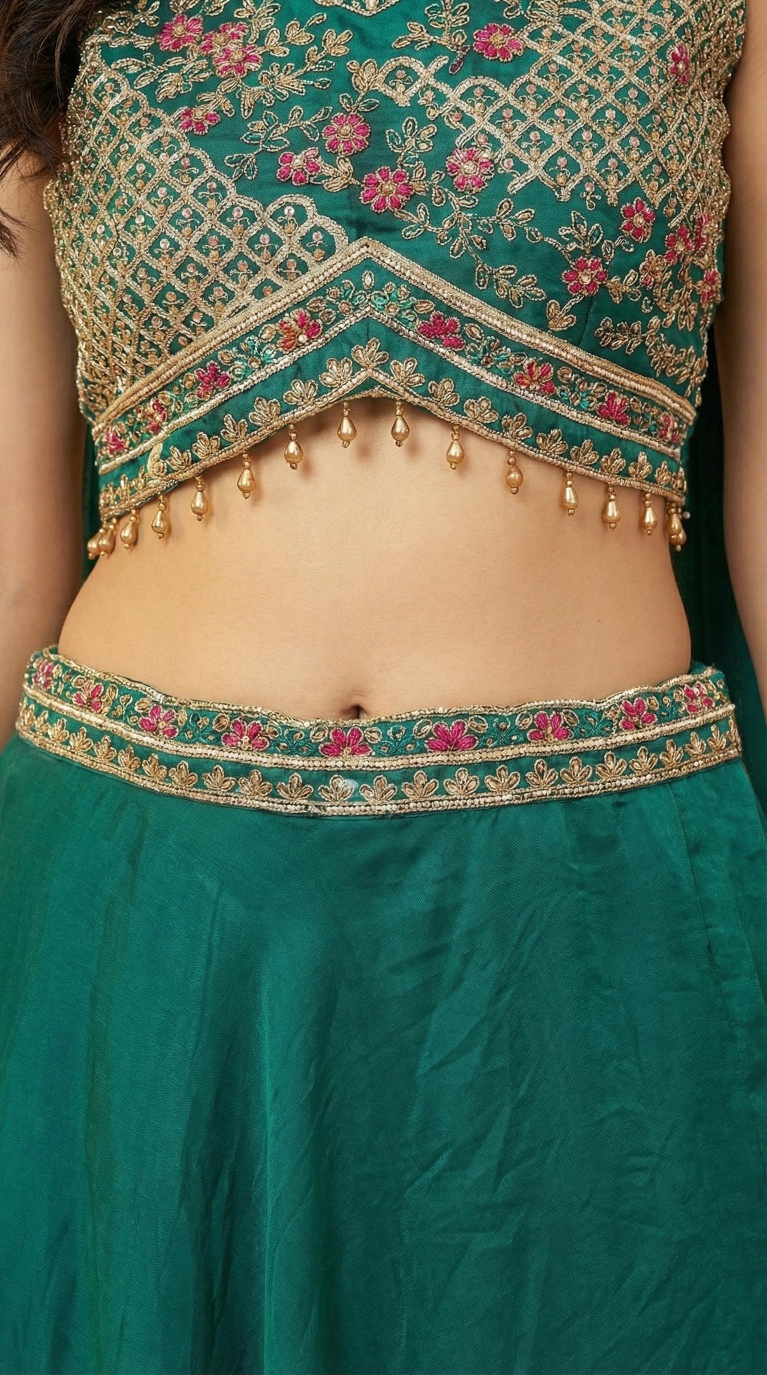 Emerald Green Embroidered Georgette Lehenga Choli Set
