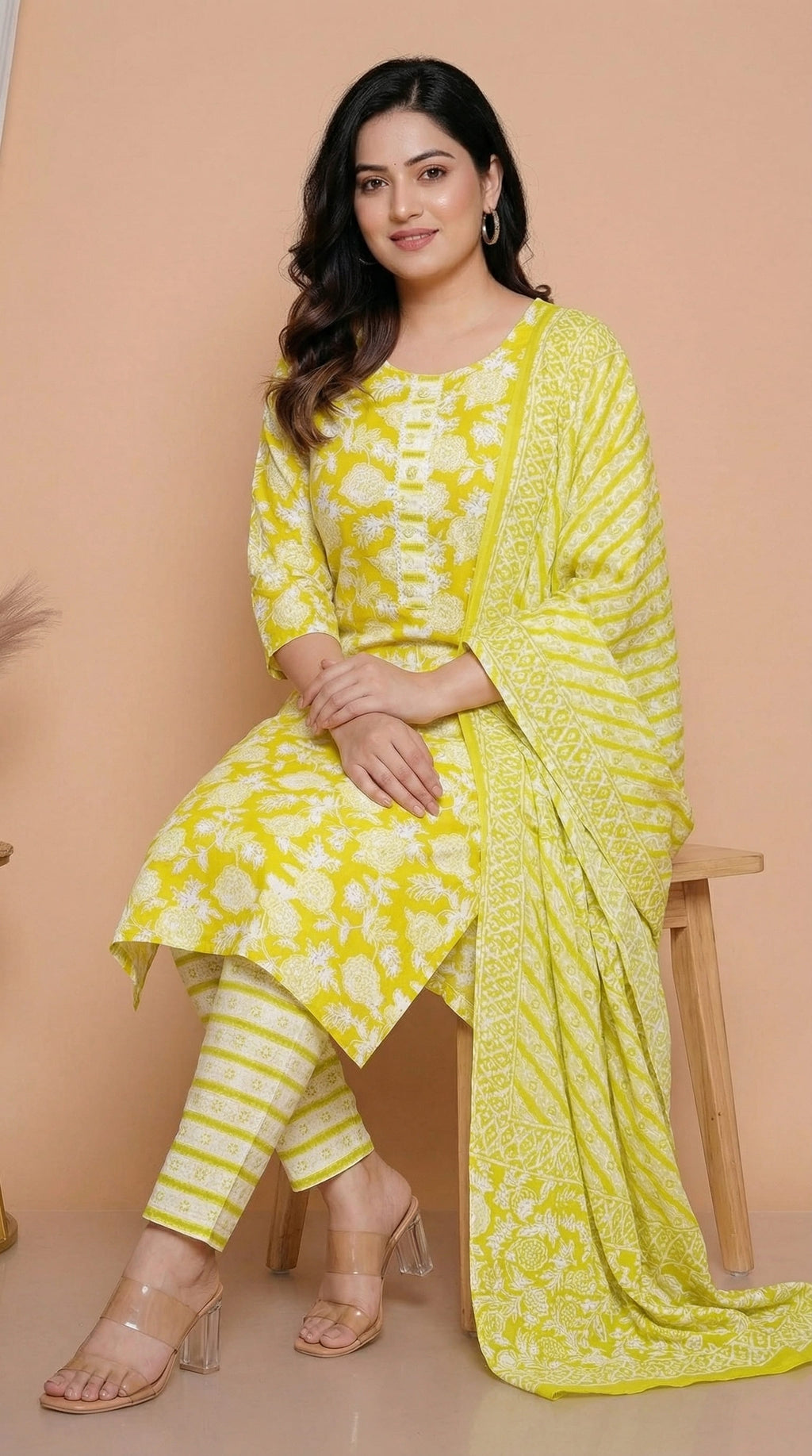 Ensemble kurta pur coton vert lime fleuri avec pantalon rayé et dupatta