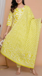 Ensemble kurta pur coton vert lime fleuri avec pantalon rayé et dupatta