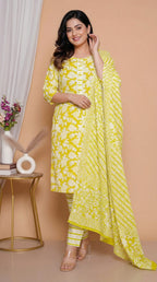 Ensemble kurta pur coton vert lime fleuri avec pantalon rayé et dupatta