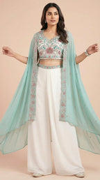 Mint & White Floral Embroidered Palazzo Set with Shrug