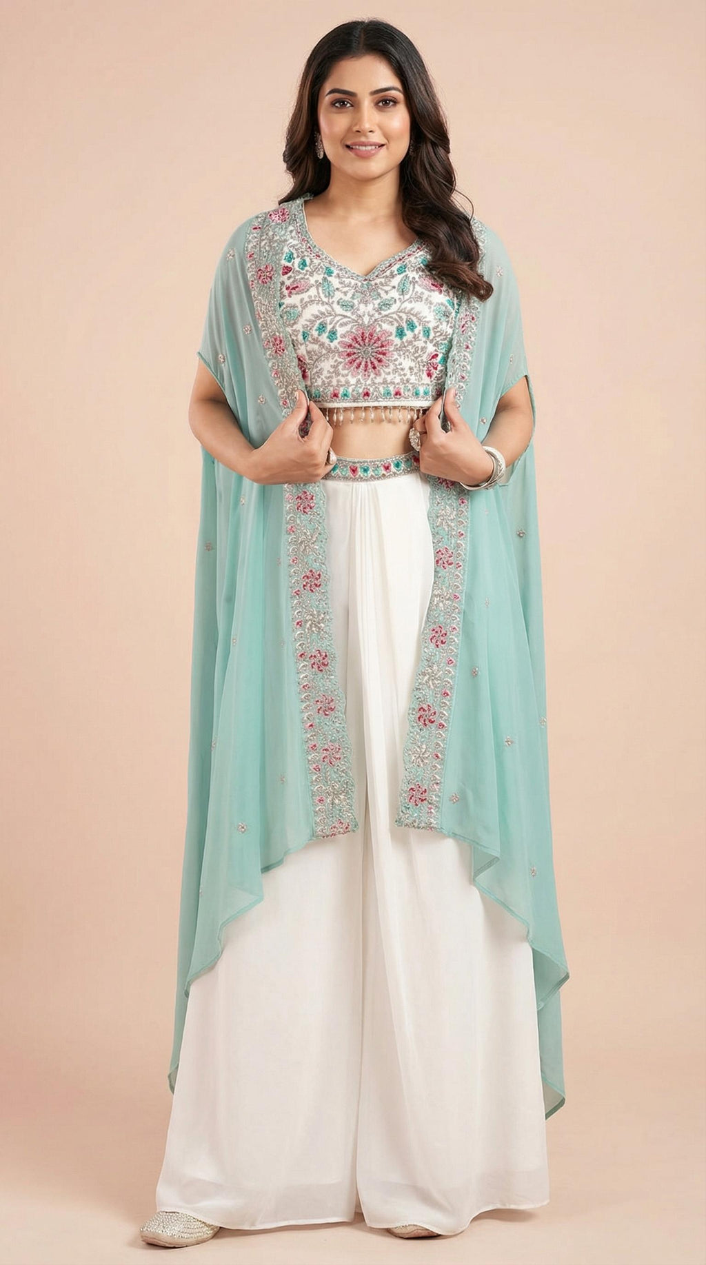 Mint & White Floral Embroidered Palazzo Set with Shrug