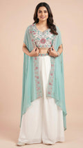 Mint & White Floral Embroidered Palazzo Set with Shrug